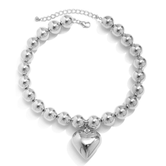 80s Retro Silver Bead Puff Heart Charm Choker Beaded Necklace Big Chunky Beads - Picture 1 of 8